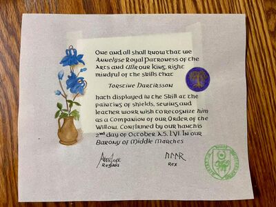 Torstein recognized as a Companion of the Order of the Willow, The Middle Kingdom 2021.