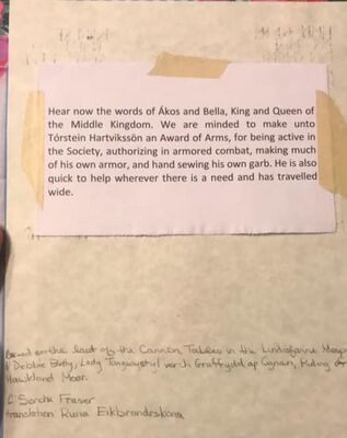 Back of Torstein's Award of Arms Scroll.